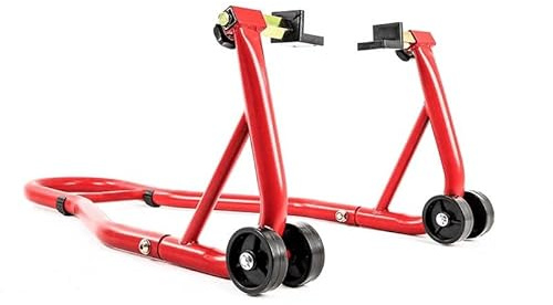 Béquille lève-Moto d'atelier avec Supports pour Roue arrière à Patins (Prise sous Bras oscillant) - Rouge