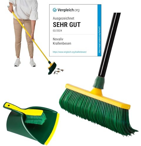 Novaliv Balai à griffes de qualité supérieure avec manche de 40 cm avec kit de balayage, balai spécial poils incurvés en plastique – Idéal comme balai de jardin, balai à griffer, gazon artificiel,