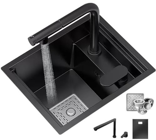 Btsunotr Évier de cuisine, en acier inoxydable 304, noir avec couvercle, poste de travail dissimulé, petit évier de bar à 3 trous avec lave-tasses pour la cuisine et les véhicules de loisirs(42*43*22c