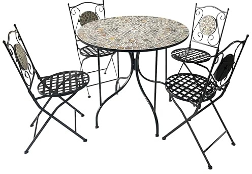BrackenStyle Juego de jardín plegable de mosaico de metal, mesa redonda de 90 cm y 4 sillas plegables, asientos de patio al aire libre e interior (otoño, 5 piezas)