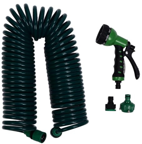 Spiralschlauch, 15 m/49,2 ft Gartenschlauch Flexibel 7 Strahlarten Teleskop Wasserschlauch Spirale mit Feder zum Bewässern von Pflanzen Gärten und Rasenflächen