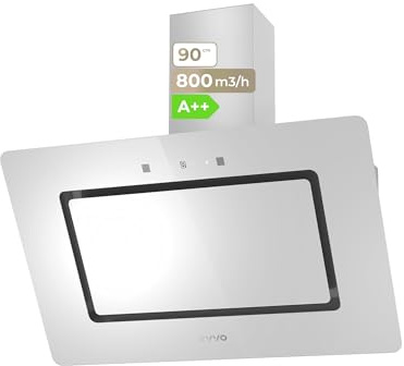 EVVO Campana Extractora 90 cm de Ancho Decorativa, Filtro Aluminio y Carbón Activo, Acabado Blanco Cristal, Potencia 800 m³/h, Control Táctil y Gestual, Eficiencia Energética A++, CE48 Cristal White