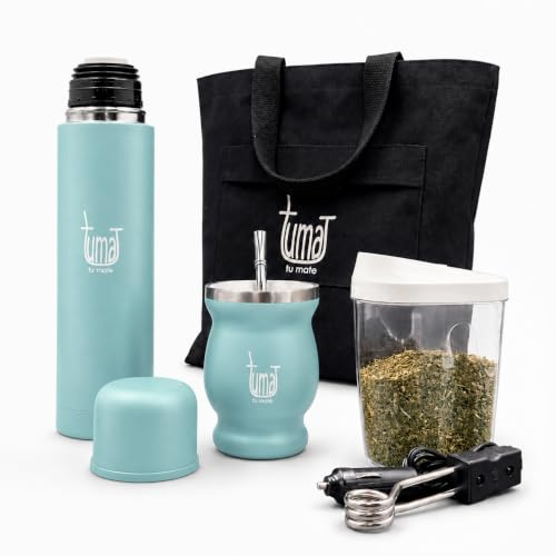 Complete Yerba Mate Kit - Includes Mate Cup, Straw (Bombilla), 750ml Thermos, Bag and two gifts (Container Yerbero and Car Immersion Heater) - Stainless Steel Yerba Mate Set (Celeste)