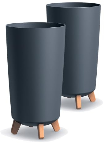 Tymar Lot de 2 cache-pots avec pieds, grands pots de fleurs, jardinières mates, bacs à plantes pour l'extérieur et l'intérieur - Anthracite - Hauteur : 44,5 cm, diamètre : 24 cm