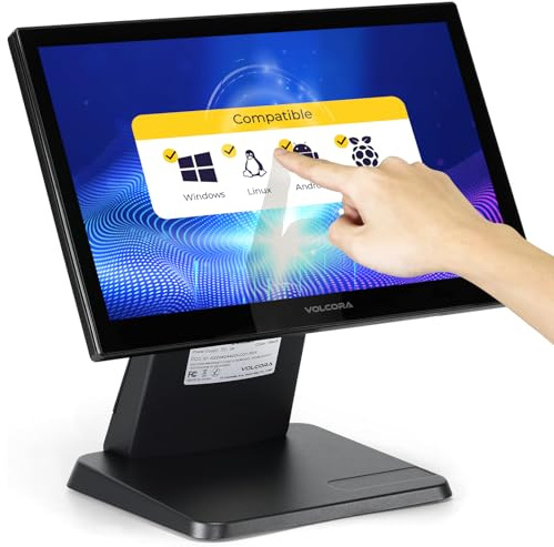 Volcora 15.6 Black LED Touch Screen Monitor with Metal Stand - Backlit 1366 * 768 with VGA HDMI Connection for Small Business, Restaurant, Office - No Driver Required (Not Compatible with macOS/iOS)