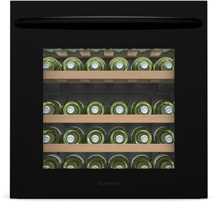 Klarstein Vinsider 30 Built-In Uno Einbau-Weinkühlschrank - 30 Flaschen, 1 Zone, 5-20 °C, LED-Beleuchtung, UV-Schutz, Holzregale, Leise, Energieeffizient, Schwarz, Glastür