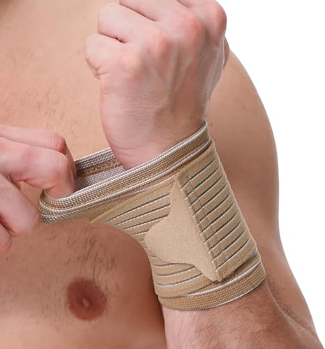 NeoTech Care Wrist Band - Adjustable Compression Strap - Elastic & Breathable Fabric - Support Sleeve for Tennis, Sports, Exercise - Men, Women, Right or Left (Beige Color, Size M, 1 Unit)