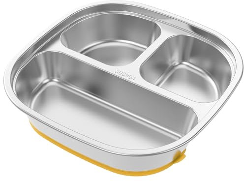 Stainless Steel Divided Plates 3 Sections Unbreakable Dinner Plate Safe Versatile Dinner Snack Plate Reusable Baby Suction Plates Easy to Clean for Kids, Picky Eaters, Lunch, Camping
