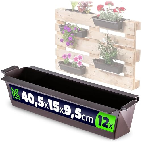 KADAX Växtlåda, set om 12 för pallar med hängsystem, 37 x 9 cm brun, för plantering och dekoration som balkonglåda, blomlåda för europeisk alett, blomkruksinsats och ytterkruka i palettträdgårdar