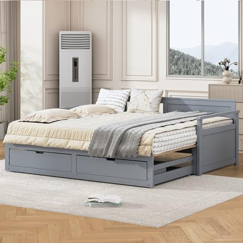 Kebnor Multifunktionales Zwei-in-Eins-Tagesbett 90 (180) x 190 mit Kiefernbett, Schubladen und Ausziehbett(Ohne Matratze) (Grau)