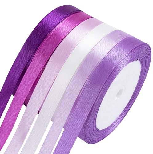 Foshird Satinband lila 10 mm x 22 m presentband lila band bröllopsband för pyssel vitt dekorband för födelsedag gör-det-själv presentförpackning
