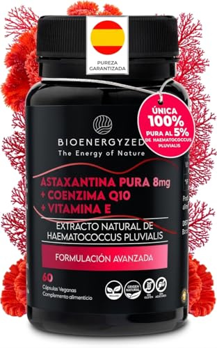 100% Astaxantina Natural PURA 8mg reales por Cápsula + Q10 100mg + Vit E | Única Fórmula con 3 Potentes Antioxidantes en Dosis Máximas | Pureza Verificada en Laboratorio Español | 60 Cáp Veg, No OGM