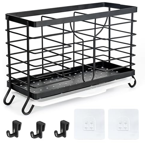 XCDMJ Supporto per utensili da cucina, piano di lavoro da cucina, organizer per utensili da cucina, cestino per posate, montato a parete, adesivo Traceless in acciaio al carbonio, posate scolapiatti