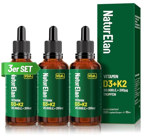 Vitamin D3 K2 hochdosiert Tropfen - 3PACK - 20000I.E. + Vitamin K2 MK7 200 mcg pro Dosis, Vegetarische, Ohne Zusätze, Laborgeprüft