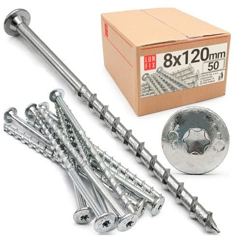50 tornillos de hormigón de 8 x 120 mm TX30 Torx cabeza plana - madera torx y tornillos para madera galvanizados de acero para hormigón, tornillos de marco profesionales - tornillos Lun Fix