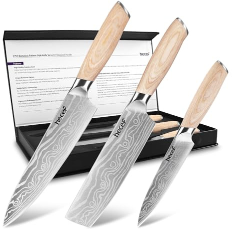 hecef 3-Piece Chef Knife Set with Double Bolster | High-Carbon Stainless Steel, Primary Color Pakkawood Handle, Razor Sharp Blades, Kitchen & Culinary Use