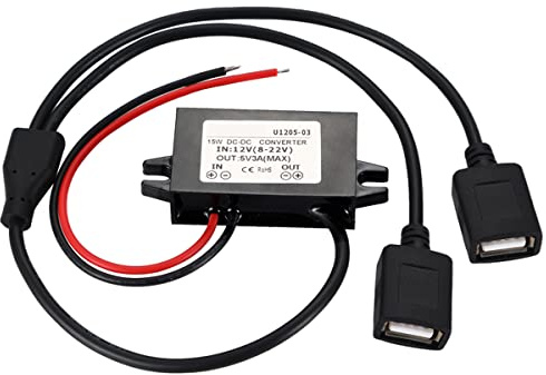 Greluma 1 Pieza Convertidor USB de DC 12 V a 5 V 3 A, Resistente al Agua, con Dos Puertos USB Hembra, módulo Reductor de DC-DC de 15 W, Adaptador de Corriente