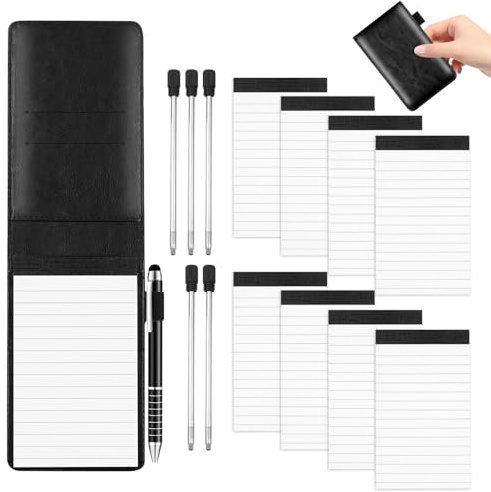 VPAFPEKG Anteckningsblock liten, mini anteckningsblock A7-set 15 stycken, mini anteckningsbok med 8 reservblock, PU-läder svart omslag med kulspetspenna, inklusive 5 reservminuter för