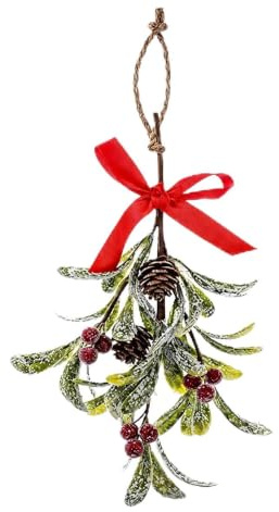 Decorazione Natalizia da Appendere con rametto di vischio Artificiale 26cm con Bacche Rosse Fiocco Rosso e pigne per addobbi Natalizi Interni Esterni casa Festa Natale