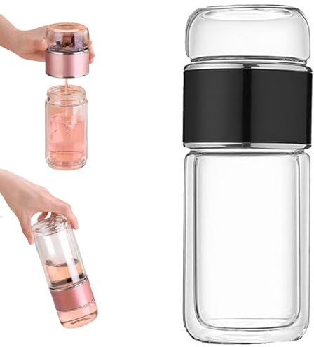Teeflasche mit Sieb Glas Klein Teekanne 3-In-1 Trinkflasche Teezubereiter Für Losen Tee, Doppelwandiges Borosilikatglas Teezubereiter mit Sieb, Tragbar Teapots Für Losen Tee (Schwarz, 420ml)