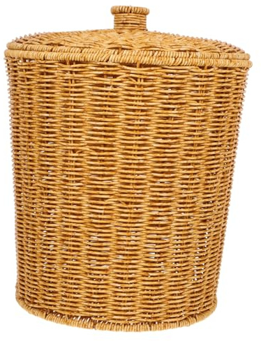 SMASOLO Cubo De Basura Rústico 28x33,5 Cm Pp Imitación Ratán Tejido Con Tapa, Cesta De Almacenamiento Para Ropa y Juguetes, Organizador Multifunción Para Hogar y Dormitorio