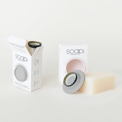 Juego de 2 jaboneras con jabón, Soapi, tapas de corona, soporte magnético flotante para pegar en la pared, soporte magnético para pared, dispensador de jabón, soporte magnético sin taladrar ni ventosa