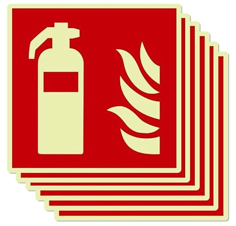 6 carteles de extintor de incendios, señales de evacuación luminosas de seguridad, 15 x 15 cm, autoadhesivas, material PVC según la norma ISO para casa, oficina, construcción, coche