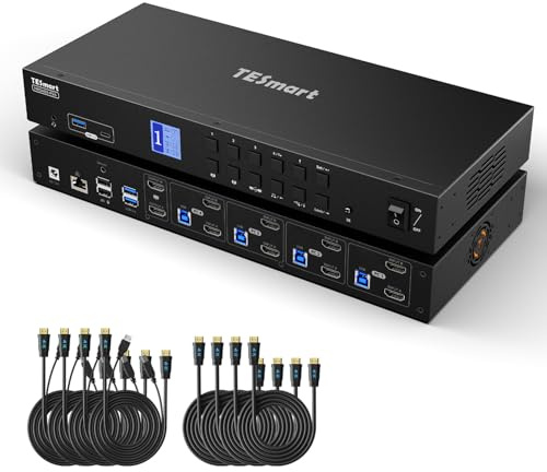 TESmart Conmutador KVM HDMI USB 3.0, 2 monitores, 4 computadoras 4K a 60Hz, interruptor KVM de doble monitor HDMI de 4 puertos, pantalla extendida, interruptor de botón con cables de entrada