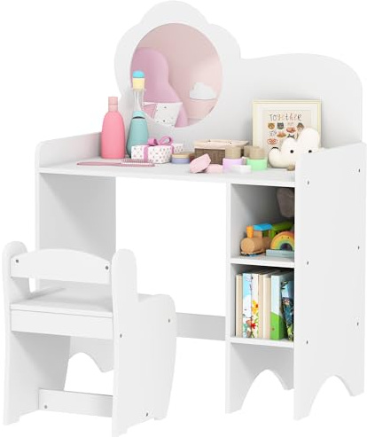 AIYAPLAY Kids Dressing Table with Mirror and Stool, 2 in 1 Girls Dressing Table with Storage Shelves, Toddlers Make Up Desk, for Ages 3-8 Years, White