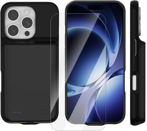 Giabuao Akkuhülle für iPhone 16 Pro(6,1 Zoll), 8500mAh Tragbares Ladegerät iPhone Ultradünn Erweiterter Akku Hülle Telefonladegerät und Schutzhülle mit Ladefunktion für iPhone 16 Pro- Schwarz