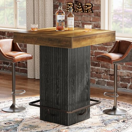 Tribesigns Square Bar Table, Kitchen Dining Table, Industrial Counter Height Pub Cocktail Table Home Bar Unit with Metal Footrest for Dining Room, Tavern, Coffee Corner, Bistro, Rustic Brown