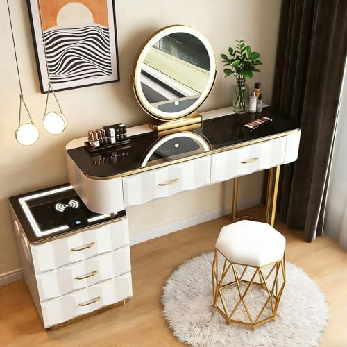 Generic Vanity Table & Makeup Desk with Mirror, Bluetooth Speaker & Wireless Charging, 100cm White Modern Wooden Dressing Table with 5 Drawers & Stool