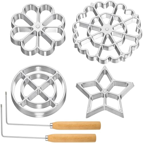 6-Piece Rosette Iron Mold Set, Bunuelos Mold with Handle, 3 Interchangeable Heads for Star Flower Circle Shapes, Aluminum Alloy Waffle Maker & Cooking Stamp Maker Kit for Funnel Cake & Achappam