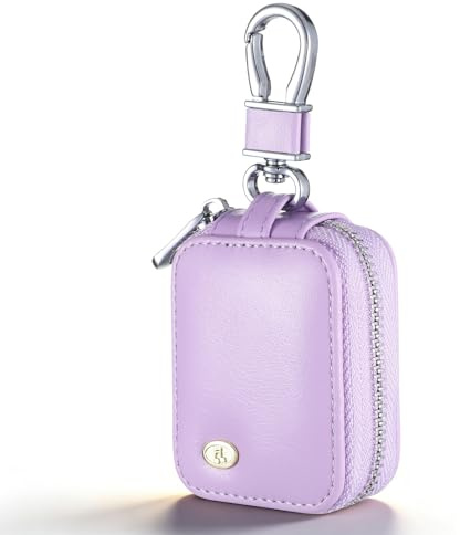 Purple Wired Earbuds Case, PU Leather Earbud Pouch with Zipper, Portable Small Earphone Case Organizer Keychain for Cable, Wired Earphone, Earbud