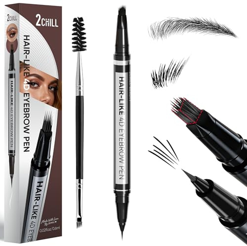 2CHILL Lápiz de cejas 2 en 1, 4D Microblading Brow Pen con punta fina, resistente al agua y de larga duración, cejas naturales con aspecto de pelo y delineador de ojos (negro)