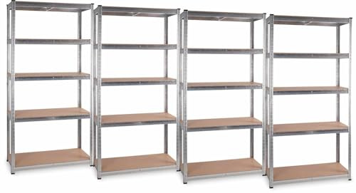 Stagecaptain Heavyrack HR-175 SR Sistema di 4 Scaffali in Metallo - Scaffalatura per magazzino - Scaffale per carichi pesanti - 875kg di capacità di Carico - 5 ripiani in legno regolabili - Argento