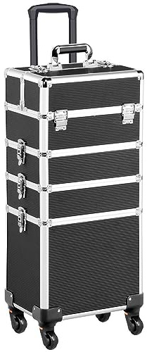 Yaheetech Professional Makeup Train Case 4 in 1 Rolling Cosmetic Trolley Makeup Case Organizer Makeup Travel Case, with 4 Detachable Removable Wheels, Black
