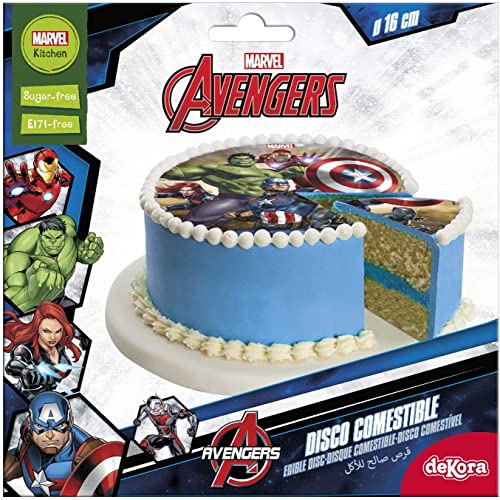 Dekora - 231365 Decoration Gateau Anniversaire Avengers Feuille Comestible - 16 cm Diametre