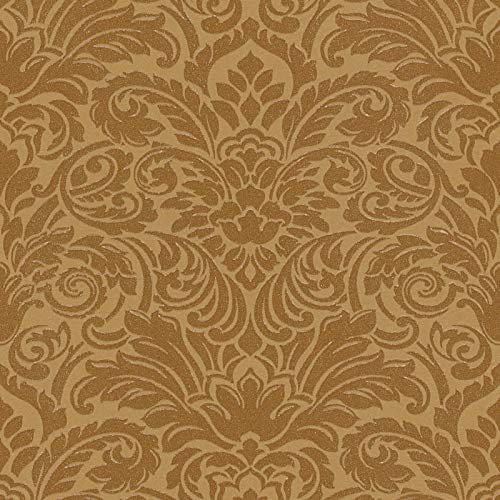 Papier peint doré ocre baroque pour chambre adulte | Tapisserie motif élégant terracotta pour salon | Papier peint couloir élégant