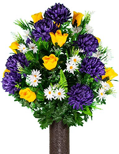 Sympathy Silks Artificial Cemetery Flowers – Realistic Vibrant Roses, Outdoor Grave Decorations - Non-Bleed Colors, and Easy Fit - 1 Purple Mum and Yellow Rose Bouquet