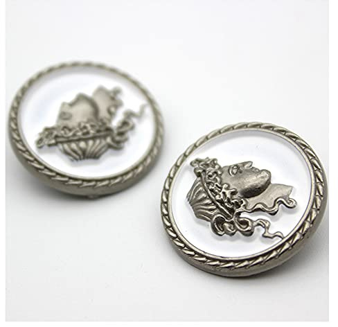 5 PCS Round Metal Pattern Button Human Head Pattern Gold Silver Button for Clothes Decorative Accessories (White Silver, 25mm)