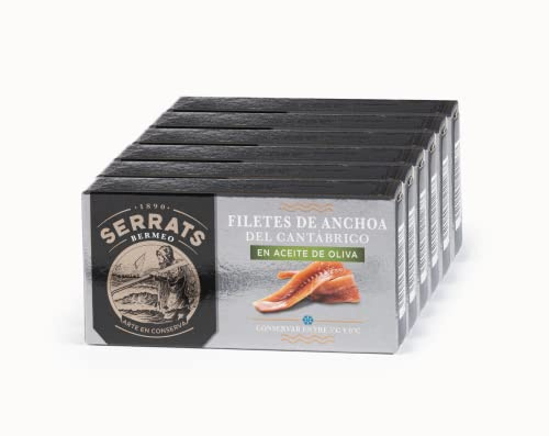 CONSERVAS SERRATS - Anchoas del Cantábrico en Aceite de Oliva - 6 Latas x 50g (Total: 300g) - Elaboración Artesanal, 100% Natural, Sin Espinas, Gourmet, Alto contenido en Omega 3