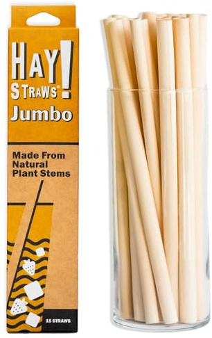 HAY Drinking Straws 8 Inch Jumbo for Smoothies Milkshake Iced Coffee - 15 Count Never Soggy Plant Based Disposable Eco Friendly - Plastic Free Reed Stem Natural Tall Straws