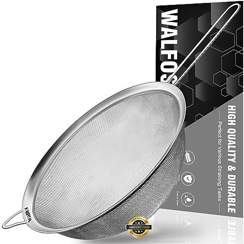 Walfos Edelstahl Küchensieb, Modernes Lebensmittel-Sieb mit verstärktem Rahmen und stabilen Griff, perfekt zum Sieben, Abseihen, Abtropfen und Spülen von Gemüse, Nudeln und Tee (24 cm)