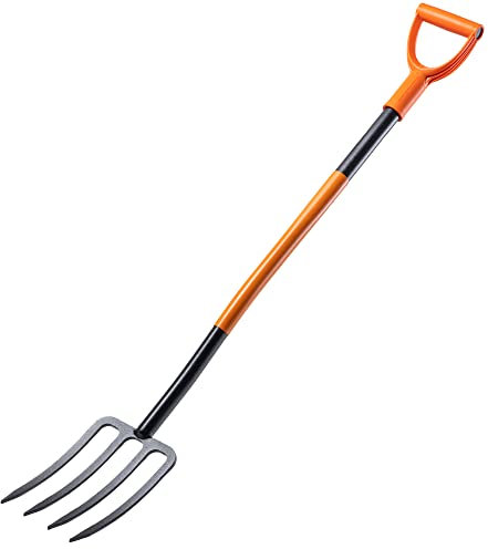 KADAX Spatengabel aus Stahl, Gabel mit D-Griff, Grabgabel zum Umgraben und Auflockern, ergonomische Gartenforke, Heugabel, Mistgabel, Gartengabel (4 Zinken, Schwarz/orange)
