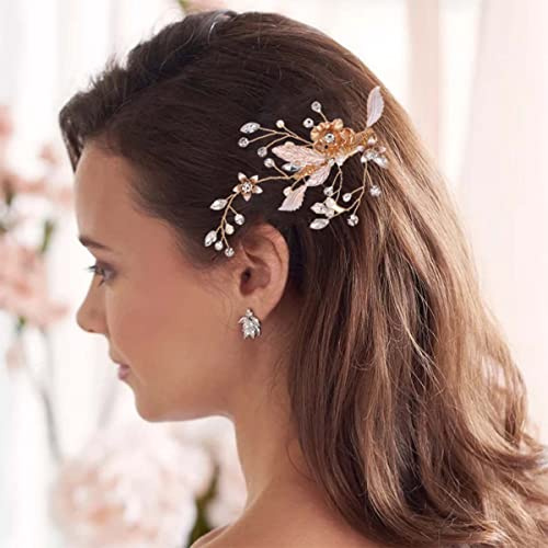 Bufenia Pinces à cheveux de mariée avec fleurs Pinces à cheveux avec perles Coiffure avec strass Feuilles Accessoires de cheveux de mariée pour femmes et filles (Or)
