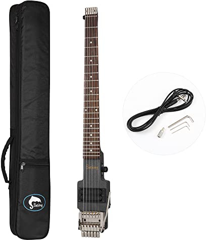 Batking Brand Traveler Guitarra principiantes, guitarra sin cabeza, kit de guitarra eléctrica para adultos con tamaño onvenience para viajes, incluye bolsa de concierto en color negro