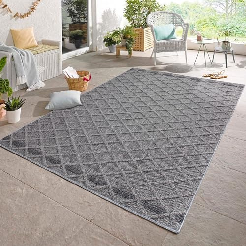 Carpetsale24 In & Outdoor Bouclé Teppich wetterfest Grau 160x230 cm Skandinavische Rauten Design 3D Hoch Tief Effekt für Balkon Garten oder Wohnzimmer