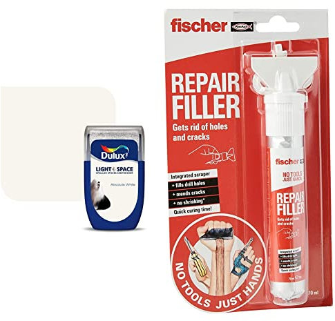 Dulux 5268164 Light & Space Tester Paint, Absolute White, 30 Millliliters & fischer No Tools Just Hands - Repair Filler - 70ml, 551915