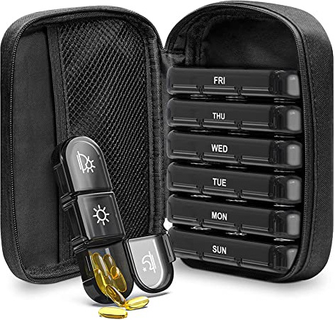 Canvas Taschen Tablettenbox 7 Tage Morgens Abend,Tragbare Pillendose 7 Tage 3 Fächern für Medikamente,Vitamine,Fischöl,Feuchtigkeitsbeständiger Medikamentenbox Tablettendose für Unterwegs, Schwarz